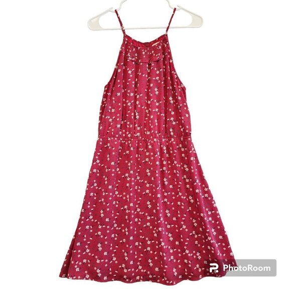 Francescas Mi Ami MINI DRESS Halter Red White Floral Blouson Lightweight Sz L - Picture 1 of 10